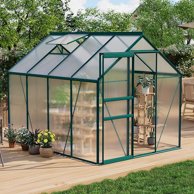 Garvee 6 x 8 FT Outdoor Greenhouse, Polycarbonate Greenhouses with Aluminum Frame, Sliding Door, Adjustable Roof Vent for Backyard, Green Houses for Outside Garden Backyard, Patio, Green