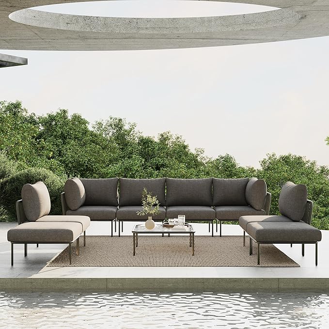 9 Piece Modern Outdoor Rope Wicker Sectional Patio L-Shaped Conversation Sofa Set Deep Seating with Thick Cushions