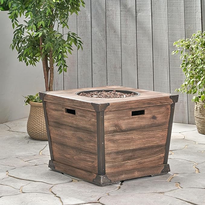Propane Fire Pit Table, 32 Inch Firepits for Outside, Square Gas Fire Pit for Outside Patio, Propane Fire Table with Wood Pattern, 40000BTU, Brown