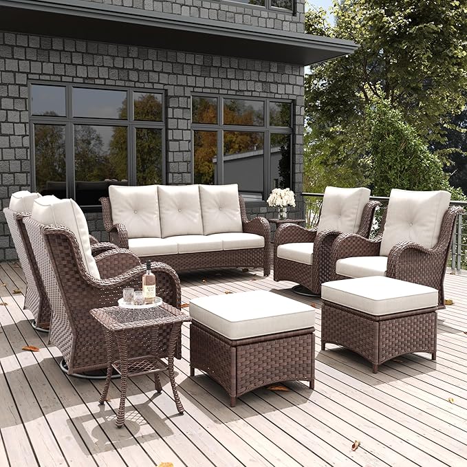 LayinSun 9 Pieces Outdoor Patio Furniture Set, Rattan Wicker Sectional Swivel Rocker Chairs Sets with Ottomans, Swivel Glider Chairs and Coffee Table