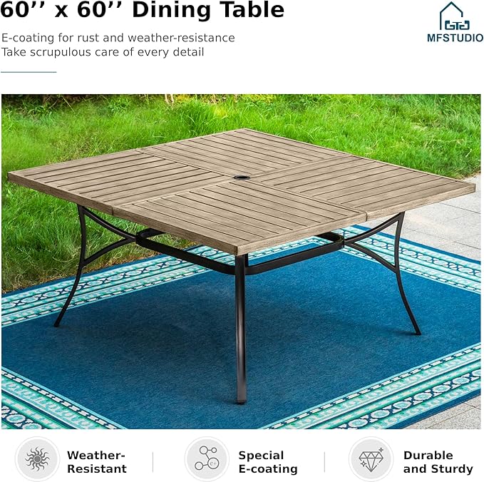 MFSTUDIO 60" Square Metal Outdoor Dining Table, Large Patio Furniture 8 Person Table with 1.57" Umbrella Hole for Deck,Backyard,Lawn,Garden(Brown)