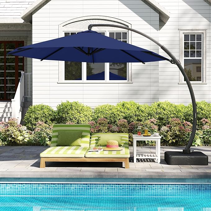 Kingdura 12ft Cantilever Patio Umbrella with Base Included, Large Round Offset Outdoor Pool Umbrella, 360° Rotation & Infinite Tilt, Heavy Duty Aluminum Frame for Deck Backyard, Navy blue