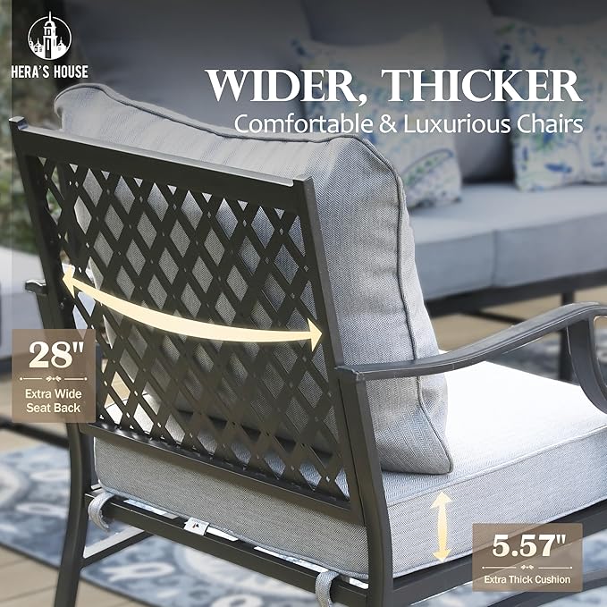 HERA'S HOUSE 5 Pieces Patio Furniture Set with Fire Pit Table, 4 x Thick Cushioned Chairs, 1 x Fire Pit Table (50,000 BTU), All Weather Outdoor Conversation Set for Garden, Backyard, Lawn, Grey