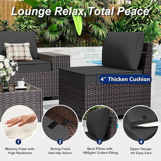 Outdoor Patio Furniture Set, 6 Pieces Outdoor Sectional Furniture High Backrest Patio Sofa, All-Weather PE Rattan Patio Conversation Set with Coffee Table & Cushions-Black