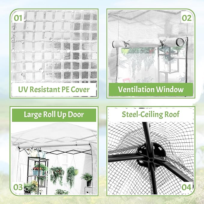 Greesum 8x6 FT Portable Pop-up Greenhouse with Center Lock, PE Cover, Zippered Door and 2 Roll-up Windows, Easy Assemble(White)