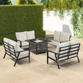 Oakland Living Black Aluminum Patio Fire Table Set with Four Deep Seating Loveseats with Cushions with Light Grey Cushions
