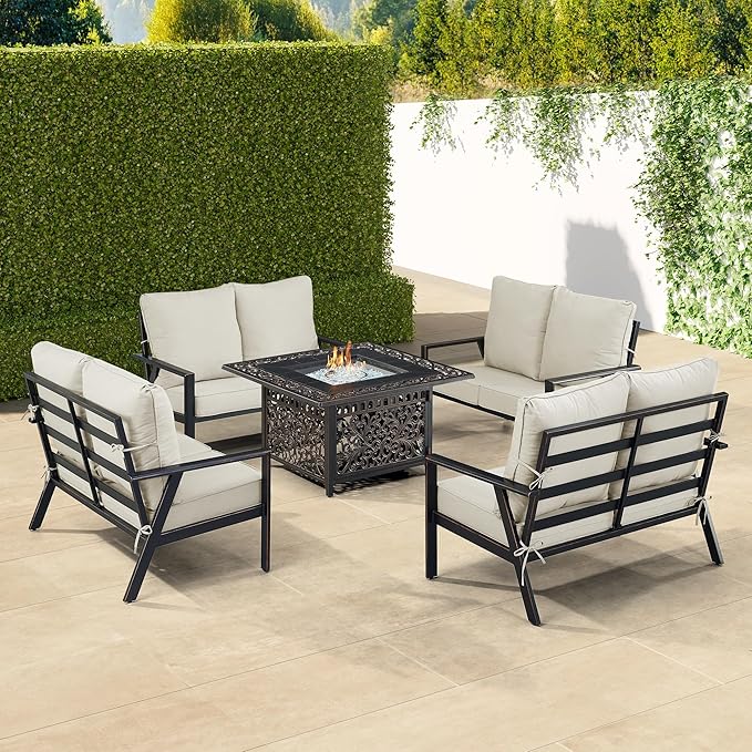 Oakland Living Black Aluminum Patio Fire Table Set with Four Deep Seating Loveseats with Cushions with Light Grey Cushions