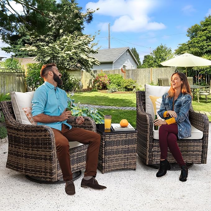 MEISSALIVVE 3 Pieces Patio Furniture Set with Swivel Chair, Outdoor Swivel Rocker with Washable Cushions & Tempered Glass Tabletop, Outdoor Rattan Conversation Set for Lawn Backyard Porch (Brown)