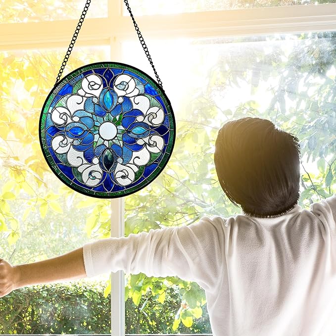 DASTOLL Stained Glass Window Hanging, Boho Style Sun Catchers Diamond Glass Panel Hangings Tiffany Suncatcher Decor for Birthday for Women, Men, Wife, Aunt, and Mom 11.8x11.8 in