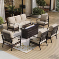 SUNSHINE VALLEY 6 Piece Black Metal Outdoor Patio Furniture Sets with Firepit Table, Patio Conversation Sets 1 3-Seater Sofa, 4 Single Sofa with 5.75" Thick Cushion Backyard Furniture for Deck, Beige
