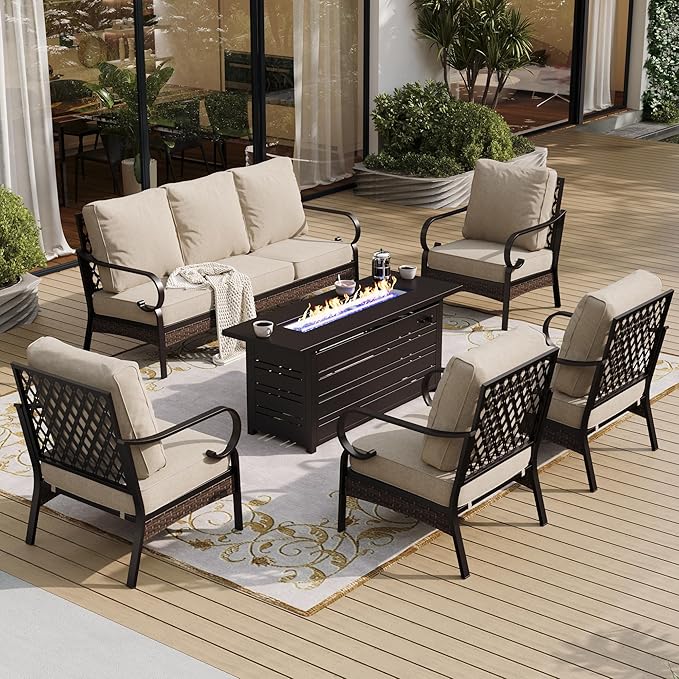 SUNSHINE VALLEY 6 Piece Black Metal Outdoor Patio Furniture Sets with Firepit Table, Patio Conversation Sets 1 3-Seater Sofa, 4 Single Sofa with 5.75" Thick Cushion Backyard Furniture for Deck, Beige