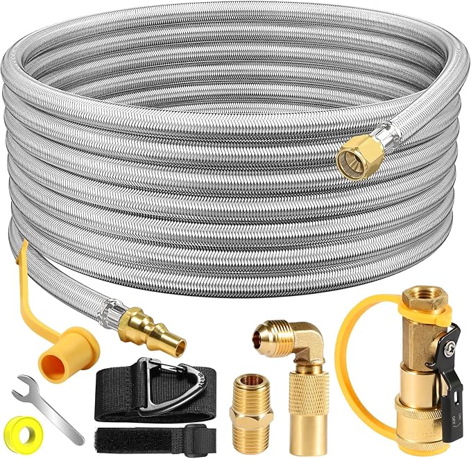 24FT Quick Connect Propane Hose for RV to Gas Grill, RV Quick Connect with 1/4" Safety Shutoff Valve, LP Quick Disconnect Propane Hose with Elbow Adapter for Blackstone 17"/22" Griddle