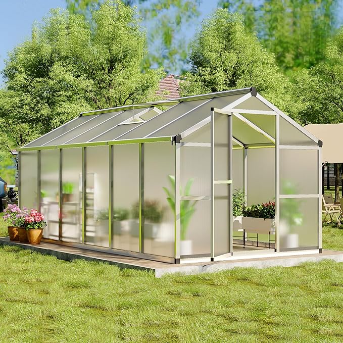 Greenhouse, 8x12 ft Greenhouse for Outdoors, Walk-in Green House with Ground Nails and Vent Windows, Sliding Lockable Door, Polycarbonate Green House for Outside Garden Backyard, Quick Setup, Silver