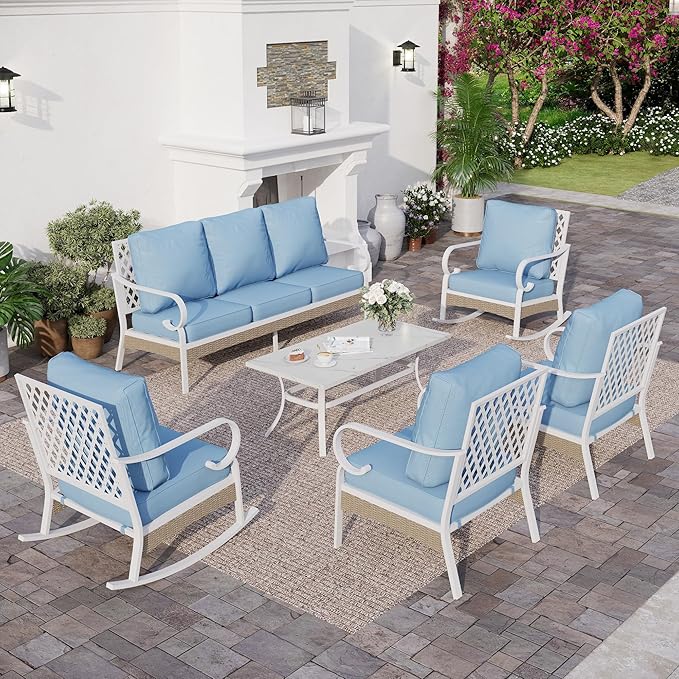 SUNSHINE VALLEY 6 Piece Metal Outdoor Patio Furniture Set, Patio Conversation Set 3-Seater Sofa, 2 Fixed Sofa, 2 Rocking Chair with 5.75" Thick Cushion and Coffee Table White Backyard Furniture, Blue