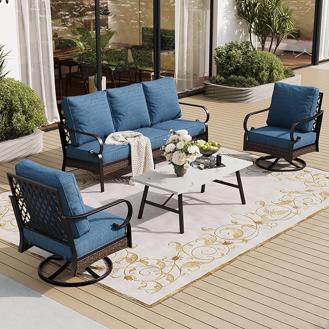 SUNSHINE VALLEY 4 PCS Metal Outdoor Patio Furniture Set, Patio Conversation Sets 1 3-Seater Sofa, 2 Swivel Chairs with 5.75" Extra Thick Cushion & Coffee Table, Black Frame Backyard Furniture, Blue-2