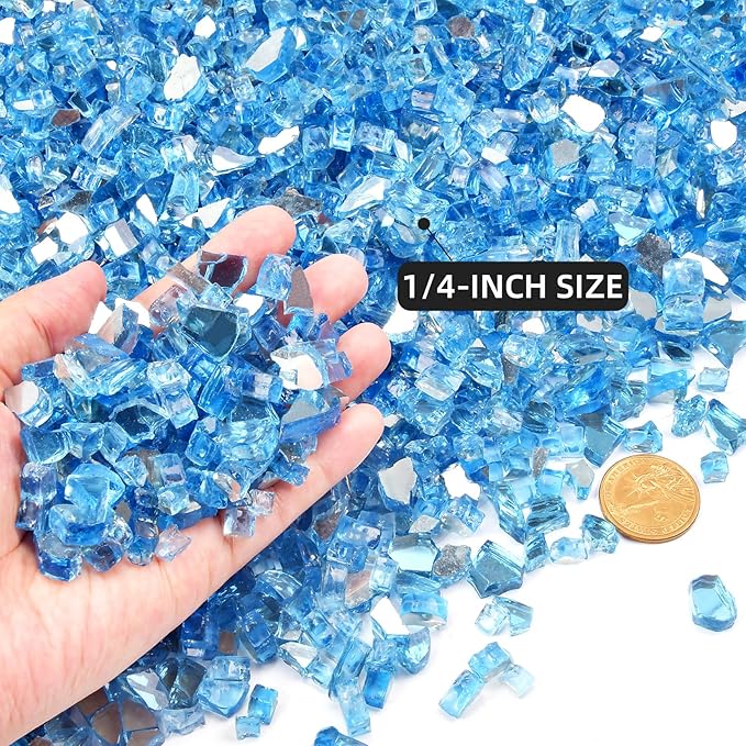 GasSaf 1/4 Inch Fire Glass Reflective Tempered Fireglass Cut Crushed FireGlass for Fire Pit, Fireplace, Replaces Existing Gas Logs & Lava Rocks (20 Pound)(Pacific Blue Reflective)