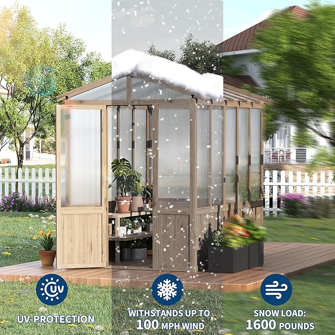 6x8FT Wooden Greenhouses for Outdoors, Wooden Walk-in Green House with Cedar Frame, Greenhouse Kit with 6MM Thick Polycarbonate Panel