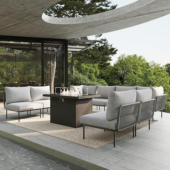 9 Piece Modern Outdoor Rope Wicker Sectional Patio L-Shaped Conversation Sofa Set Deep Seating with Fire Pit Table