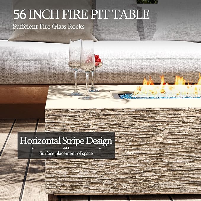 UPHA 56-inch Outdoor Propane Gas Fire Pit Table 50000 BTU Concrete Round FirePit for Outside Patio with Propane Tank Cover, Blue Glass Rocks, Rain Cover, Beige Texture