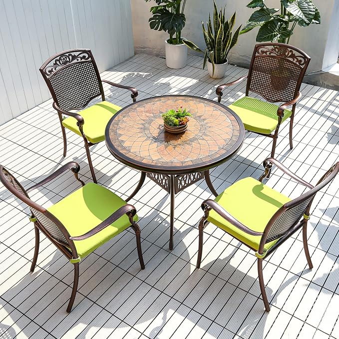 FAPOLITE Outdoor Table Tile Round Patio Table All Weather Aluminum Frame Outdoor Dining Tables for Lawn Garden Backyard (90cm Aluminium Tiled Round Table)