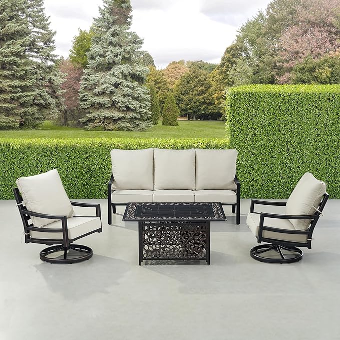 Oakland Living Black Aluminum Patio Fire Table Set with Deep Seating Sofa with Cushions and Two Club Chairs with Light Grey Cushions