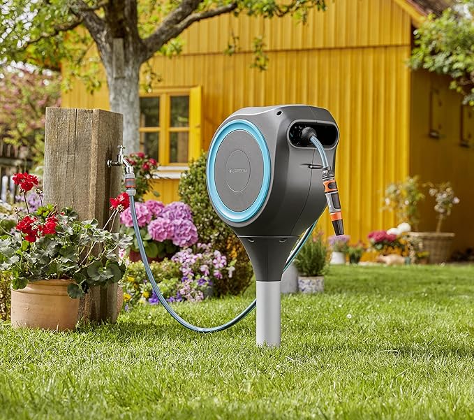 GARDENA 18614 | 66' x 1/2" Automatic Retractable Garden Hose Reel on Metal Spike, Outside Garden Hose with 360° swivel. No Holes in your house, Easy Installation, No Tools Required