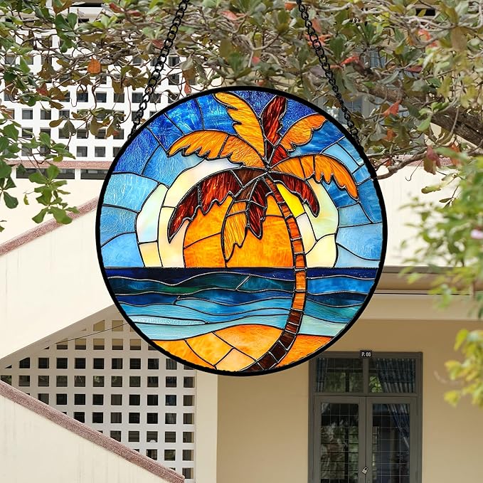 DASTOLL Stained Glass Window Hanging 4 Pcs Set Blue Orange Ocean Beach Theme Large 15" - Suncatcher Door Garden Sun Catcher Decor Birthday Christmas for Mom Woman Nana Men Wife
