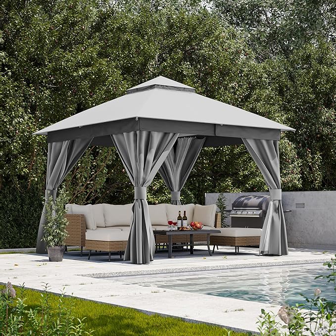 LAUSAINT HOME Gazebo 10x10ft, Heavy Duty Patio Gazebo with Expansion Bolts, Party Canopy Tent with Double Roofs, Mosquito Nettings and Privacy Screens for Backyard, Garden, Lawn, Grey