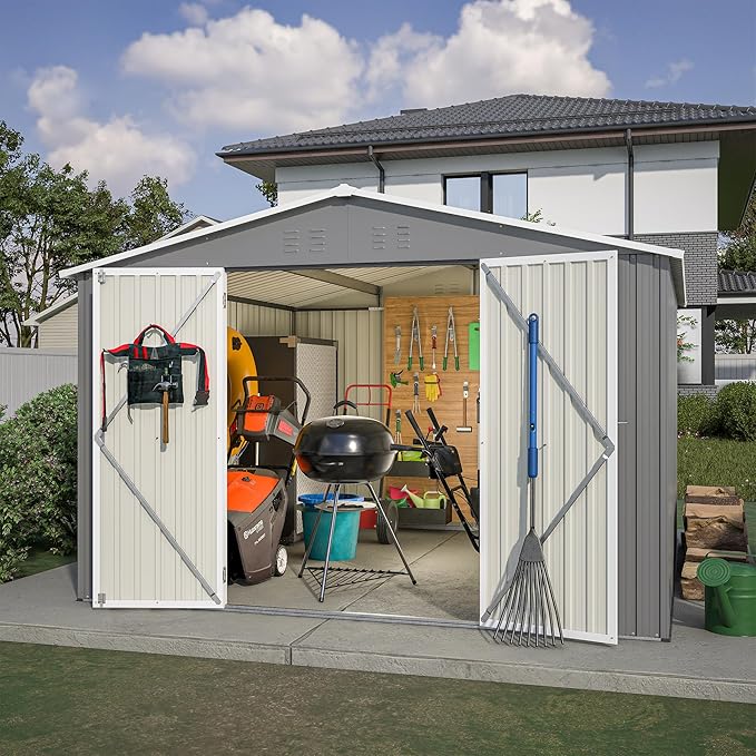Favfurish Heavy Duty Outdoor Storage Shed, Metal Garden Shed with Sloped Roof, Lockable Doors, Black