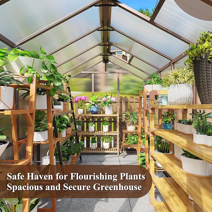 6x12 FT Wooden Greenhouse, Polycarbonate Greenhouse with Adjustable Roof Vents and 6MM Thick Polycarbonate Panel, Walk-in greenhouses for Outdoors for Garden Backyard, Patio, Lawn, Brown