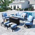 Sophia & William Patio Furniture Sets for 7 with 45" Gas Fire Pit Table Outdoor Conversation Sets 6 Pcs, 2 x Swivel Cushioned Sofa Chairs, 1x3-Seat Sofa, 2xOttomans for Backyard Poolside Blue