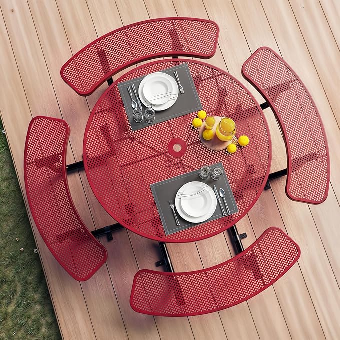 Metal Picnic Tables for Outdoors with Umbrella Hole - Coated Steel Heavy Duty Commercial Grade Furniture Set with Adjustable Seats (Red, 46 in, Round, Punched Steel)