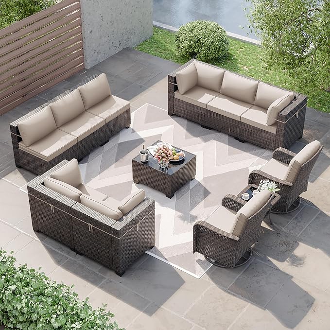 Kurapika 12 Pieces Patio Furniture Set, Rattan Wicker Sofa Set, Outdoor Conversation Sets w/Swivel Rocking Chairs Patio Sectional Sofa w/4 Inch Cushion, Sand