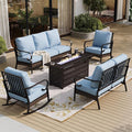 SUNSHINE VALLEY 5 Piece Metal Outdoor Patio Furniture Set with Firepit Table, Patio Conversation Set 1 3-Seater Sofa, 2-Seater Loveseat, 2 Rocking Chairs with 5.75" Cushion for Backyard Deck, Blue