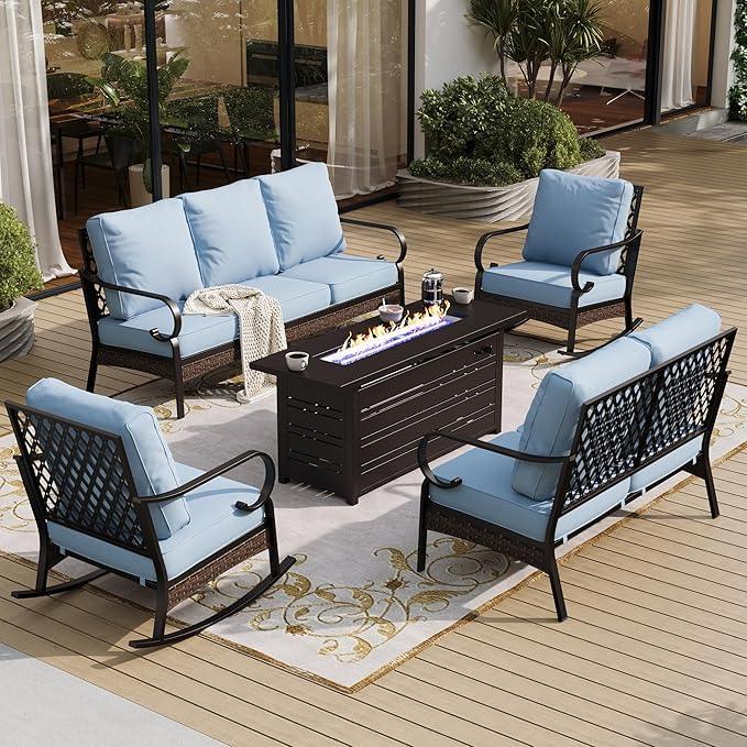 SUNSHINE VALLEY 5 Piece Metal Outdoor Patio Furniture Set with Firepit Table, Patio Conversation Set 1 3-Seater Sofa, 2-Seater Loveseat, 2 Rocking Chairs with 5.75" Cushion for Backyard Deck, Blue