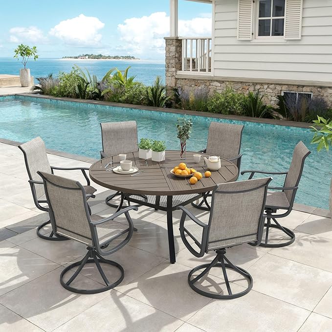 VICLLAX Round Patio Dining Table, 6-8 Person Metal Outdoor Dining Table with Umbrella Hole and Storage Shelf for Garden Lawn Deck, 53" Grey