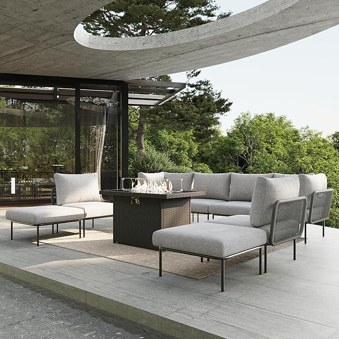 9 Piece Modern Outdoor Rope Wicker Sectional Patio L-Shaped Conversation Sofa Set Deep Seating with Fire Pit Table
