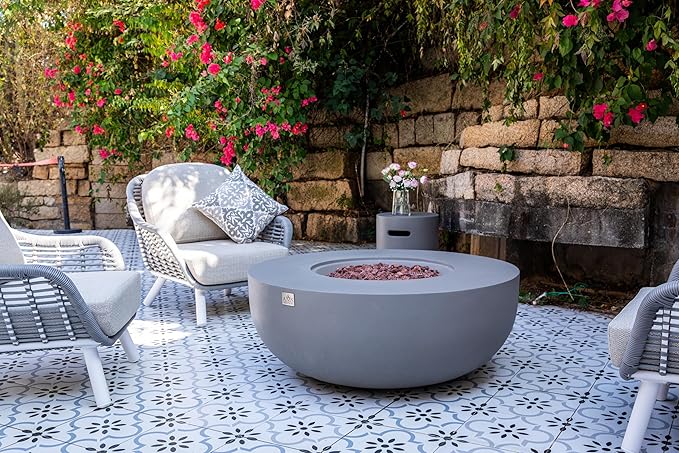 AMS Creations | Eclipse 44" Round Cast Concrete Natural Gas Fire Pit Bowl Table | Light Gray | Smooth Texture Surface | Electronic Ignition | Outdoor Patio Heater Outside Backyard Fireplace
