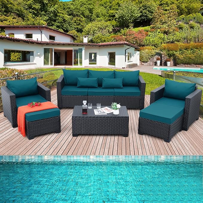 Rattaner Patio Furniture Set 6 Pieces Couch Outdoor Chairs Coffee Table Peacock Blue Anti-Slip Cushions and Waterproof Covers