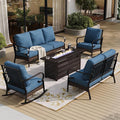 SUNSHINE VALLEY 5 Piece Metal Outdoor Patio Furniture Sets with Firepit Table, Patio Conversation Sets 1 3-Seater Sofa, 2-Seater Loveseat, 2 Rocking Chair with 5.75" Cushion for Backyard Deck, Blue-2