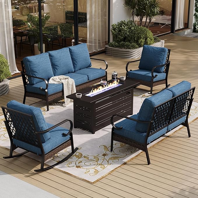 SUNSHINE VALLEY 5 Piece Metal Outdoor Patio Furniture Sets with Firepit Table, Patio Conversation Sets 1 3-Seater Sofa, 2-Seater Loveseat, 2 Rocking Chair with 5.75" Cushion for Backyard Deck, Blue-2
