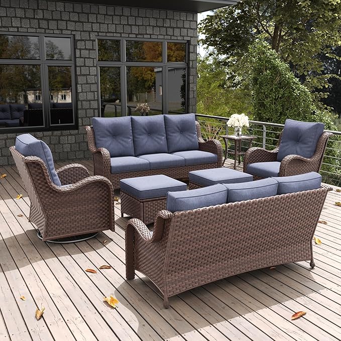 LayinSun 7 Pieces Outdoor Patio Furniture Set, Rattan Wicker Sectional Swivel Rocker Chairs Sets with Ottomans, Swivel Glider Chairs and Coffee Table