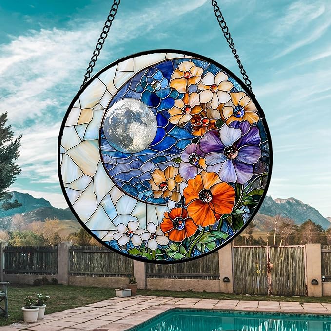 JOSUMALY Stained Glass Window Hanging - Blue White Moon Suncatcher for Door Terrace Garden Home Decor Colorful Flowers Sun Catcher Birthday Gifts for Lovers Women Men Dad Mom Nana 7.8 in