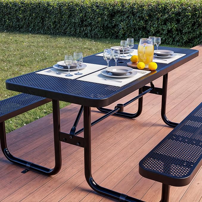 OUTTANS Commercial Heavy-Duty Metal Picnic Table - ADA Compliant, Adjustable Seats, Umbrella Hole (Black, 6' Rectangular, Punched Steel)