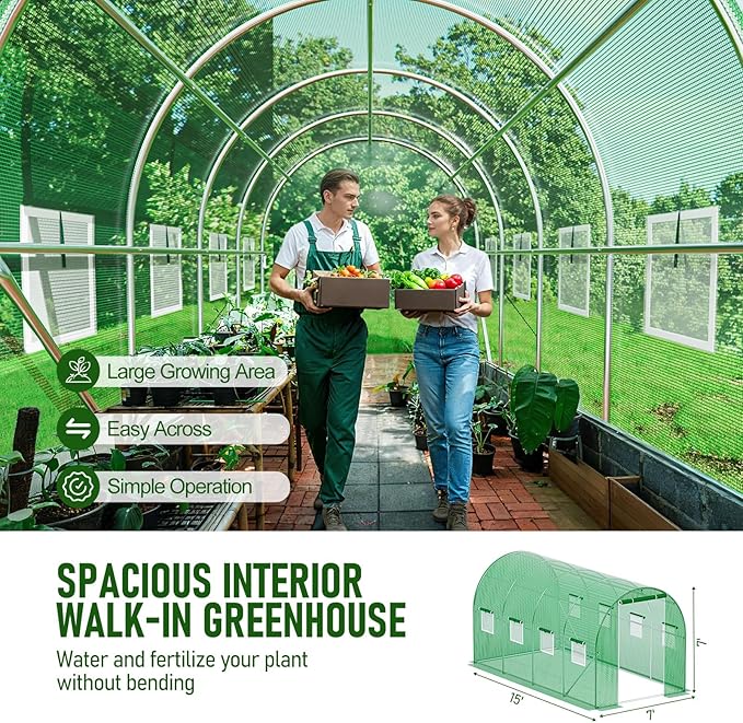 SPECILITE Walk-in Tunnel Greenhouse for Outdoors, 15×7×7 FT Heavy Duty Hoop House Kit with 8 Screen Windows, Thicken PE Cover & Galvanized Frame, Portable Large Green Houses for Outside, Winter, Green