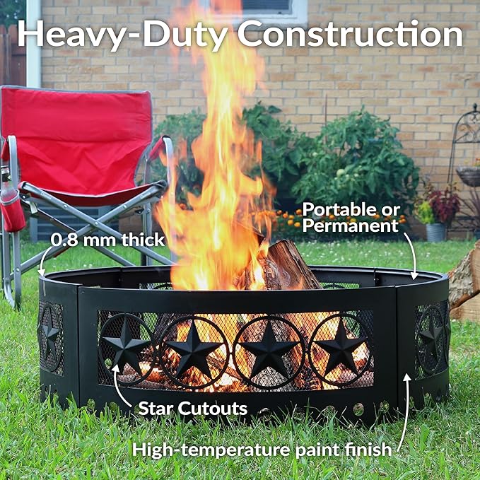 Sunnydaze 36-Inch Outdoor Fire Pit Ring with Poker - Round Heavy-Duty Steel Fire Ring for Camping or Backyard - 4-Star - 12" H