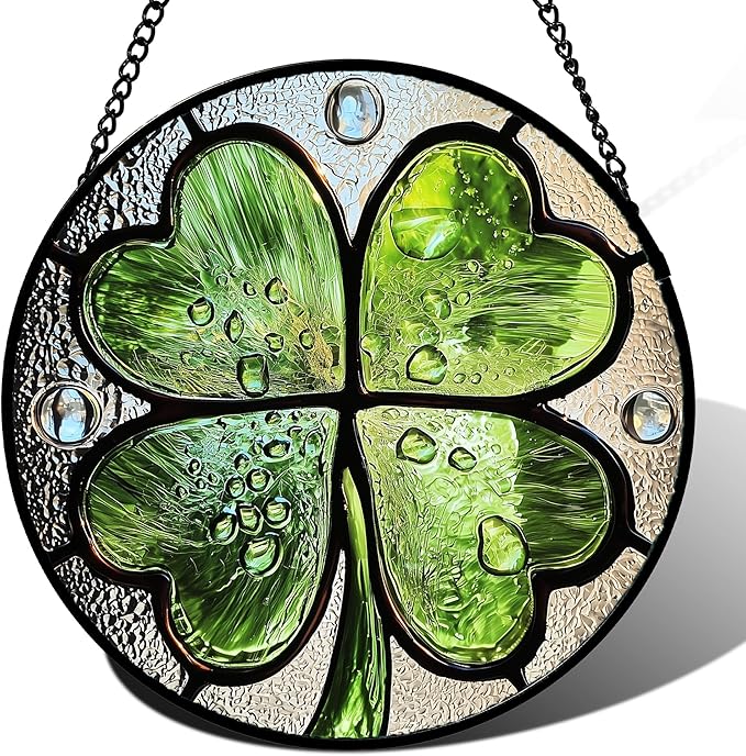 AMDERVEN Stained Glass Window Hanging, Green Silver 4 Leaf Clover Sun Catcher for Window Door Home Decor Plant Suncatcher Christmas Mother's Day Birthday Gifts for Women Men Mom Nana 7.8 in