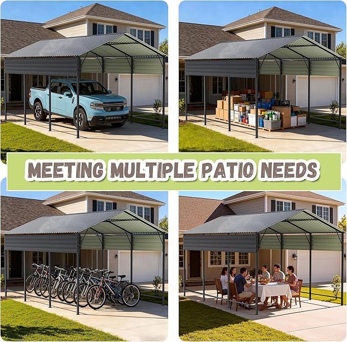 Greesum 10x15FT Metal Carport with Heavy Duty Frame and Galvanized Steel Roof, Vertical Carports with Side Support Rods, Canopy Shelter for Car, Pickup Trucks, Boats and Tractors, Party, Gray