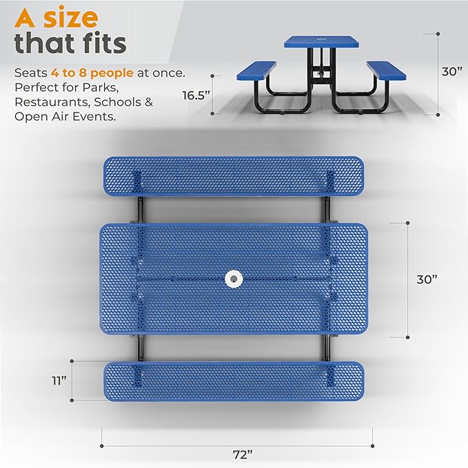 Commercial Heavy-Duty Metal Picnic Table - ADA Compliant, Adjustable Seats, Umbrella Hole, Expanded Metal (Blue, 6' Rectangular)