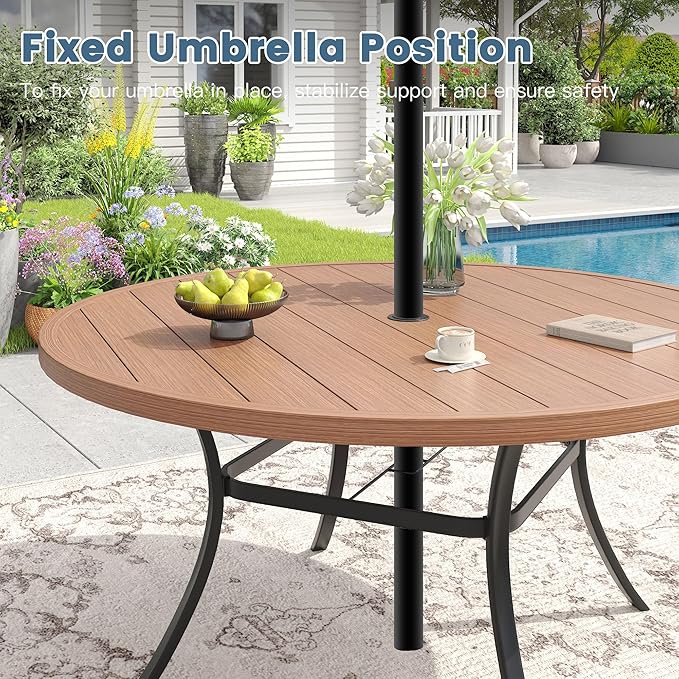 DIFY 50" Round Outdoor Patio Dining Table for 6, Metal Patio Table with 1.57" Adjustable Umbrella Hole, All-Weather Dining Furniture Table for Backyard Lawn Garden, Walnut